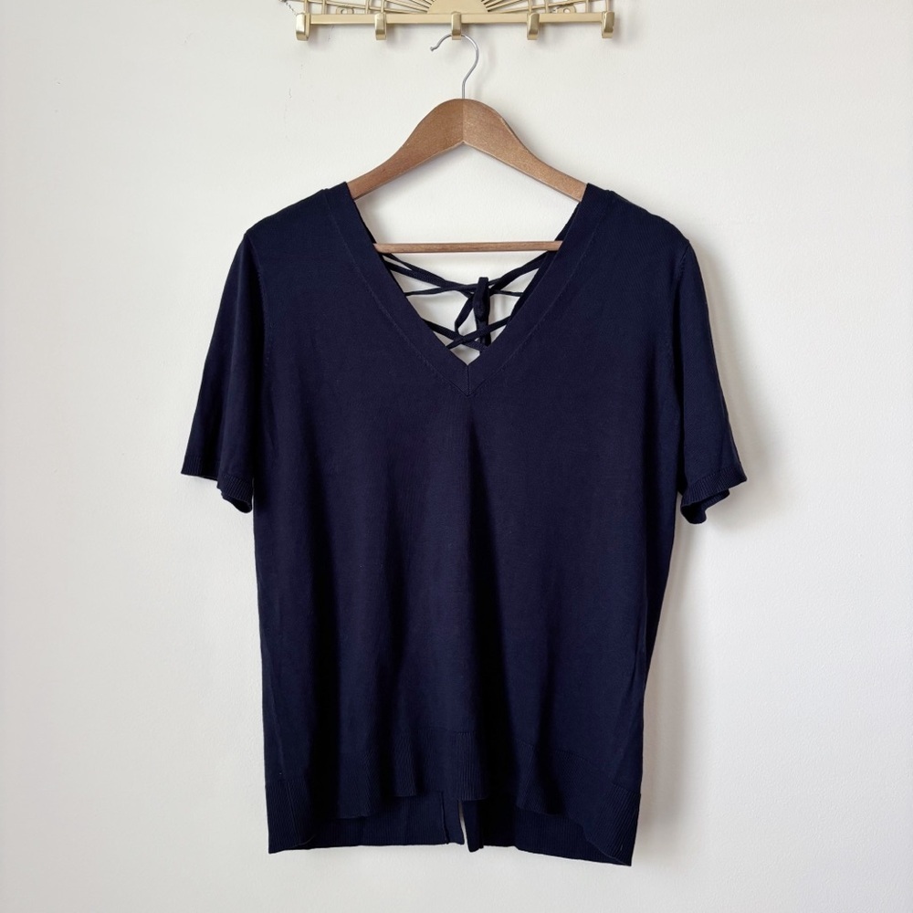 525 America Navy Blue Lace Up Back Sweater Small